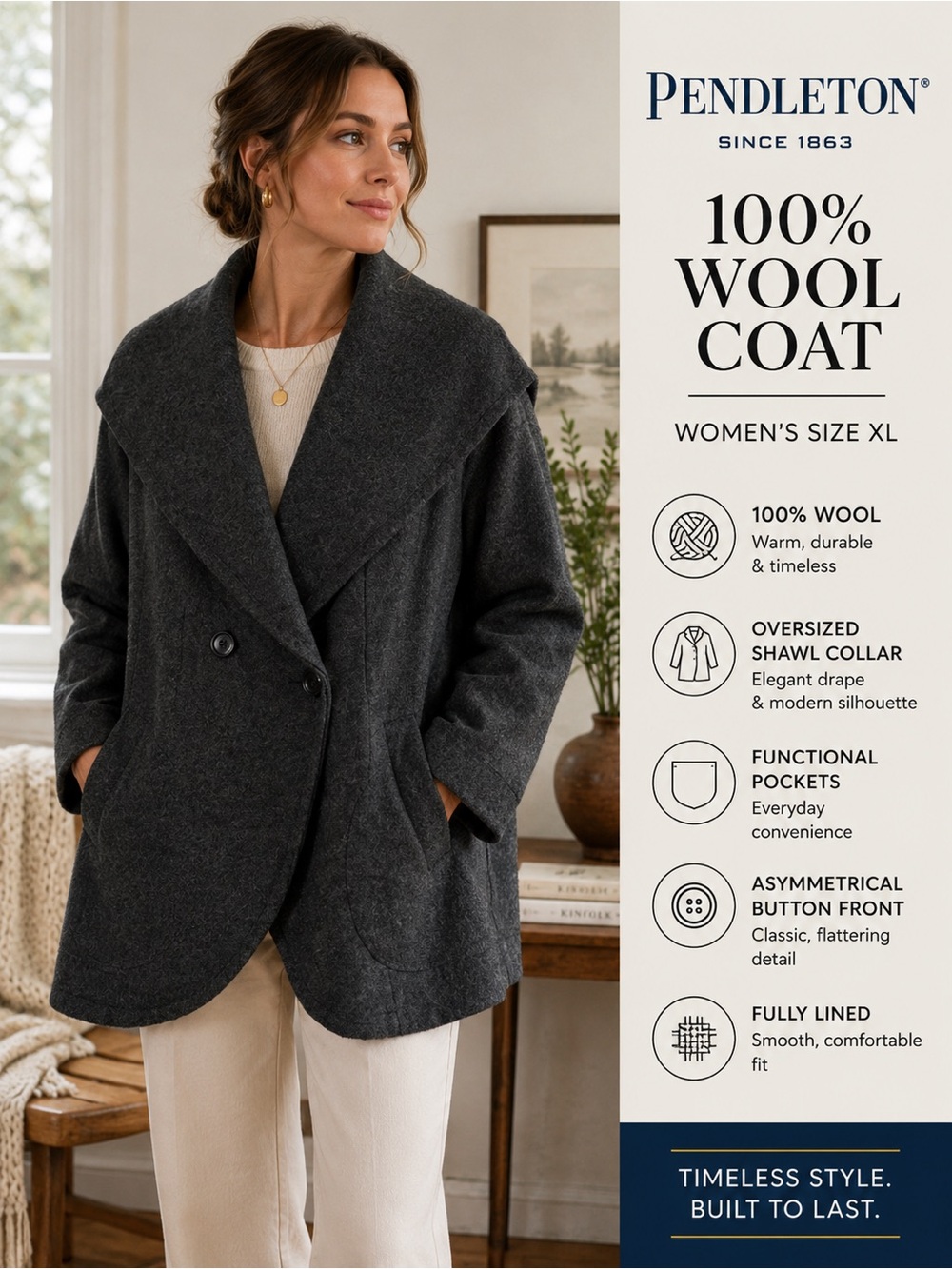 Pendleton 100% Wool Coat Womens XL Gray Shawl Collar Oversized Jacket